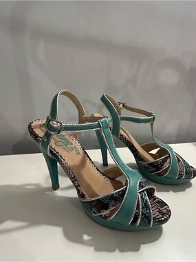 Teal T-Strap High Heel Sandals with Snake-Print Accents